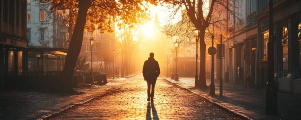 Quiet townsizing walk at dawn in a remote village