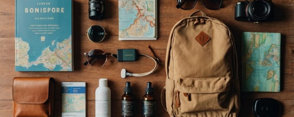 Flat lay of essentials for weekend getaways: backpack, sunglasses, map