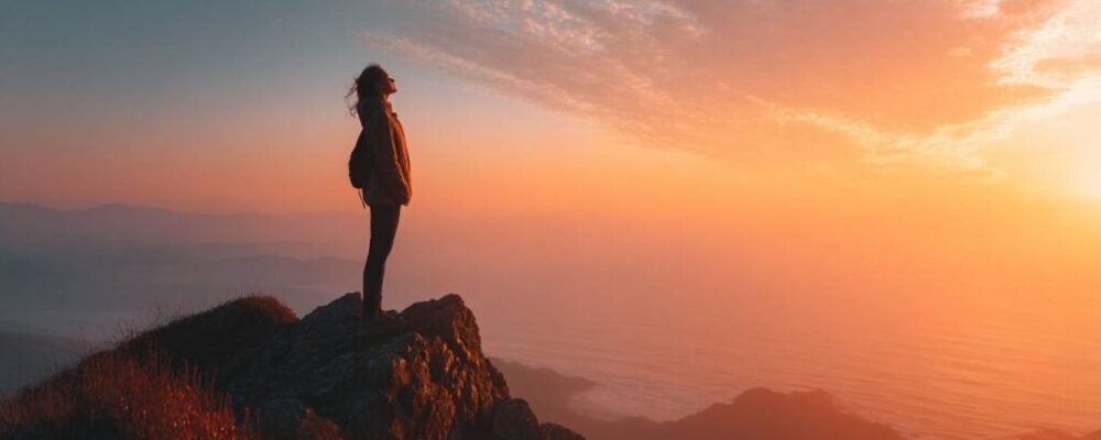 woman with backpack at sunset