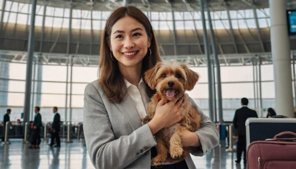 Woman at airport with dog carrier and USDA pet travel documents