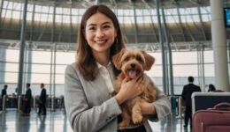 Woman at airport with dog carrier and USDA pet travel documents