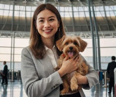 Woman at airport with dog carrier and USDA pet travel documents
