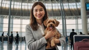Woman at airport with dog carrier and USDA pet travel documents
