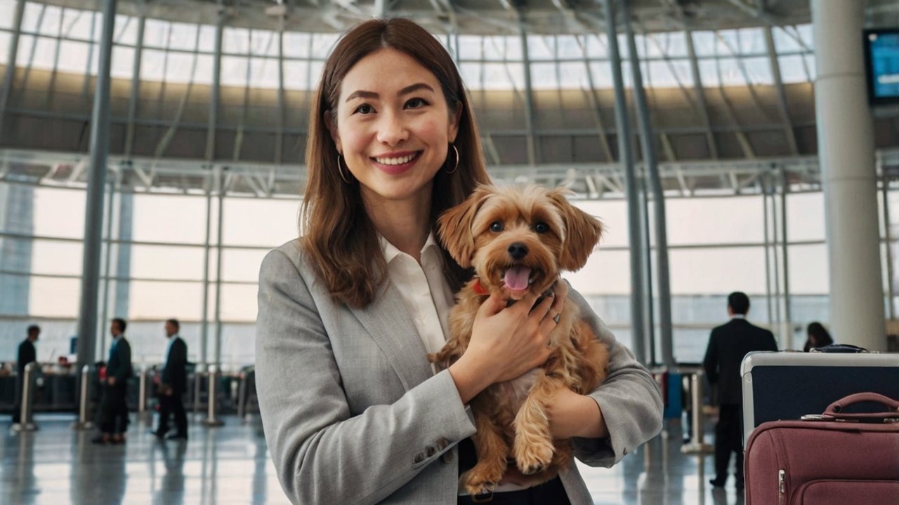 Woman at airport with dog carrier and USDA pet travel documents